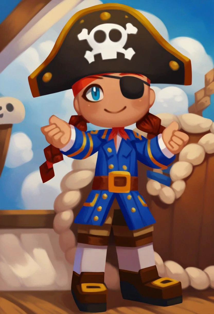 score_9_up, score_8_up, score_7_up, score_6_up, 1girl, solo, Ginny_Mysims, chibi, red hair, braided twintails, blue eyes, eyepatch, pirate hat, pirate costume, adult, (painted art), (on the deck of a pirate ship), smile