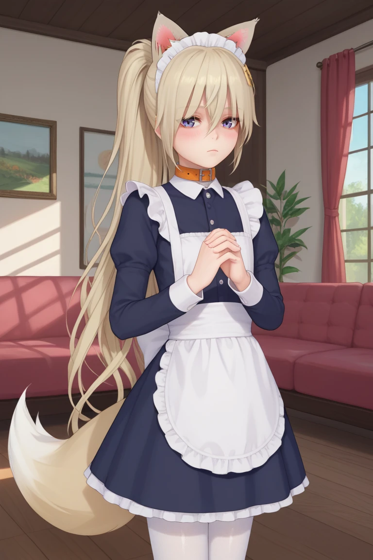 (score_9, score_8_up, score_7_up) source_anime, anime coloring, female,Flowerfox, grey eyes, fox ears, animal ears, (ponytail) blonde hair, long hair, very long hair, hair ornament, tail, collar, flat chest, Maid, maid headdress,  white pantyhose, <lora:FlowerLora:0.8> standing, own hands together,   looking at viewer, expressionless, blush, indoors, living room,