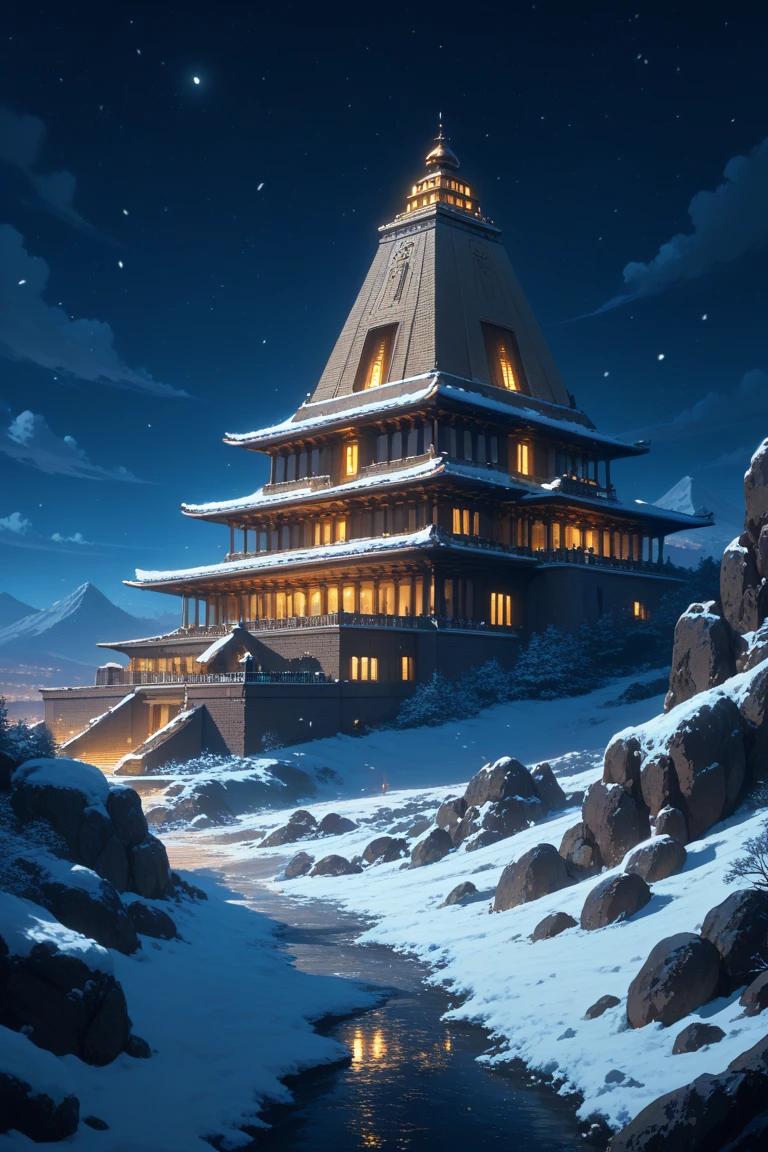 score_9, score_8_up, score_7_up, source_anime rating_safe, night, natural lighting, snowing, snow, winter, fantasy egyptian-structure focus, Daegypt, no humans, starry sky, intricately detailed illustration, depth of field, atmospheric perspective, scenery, yellow theme