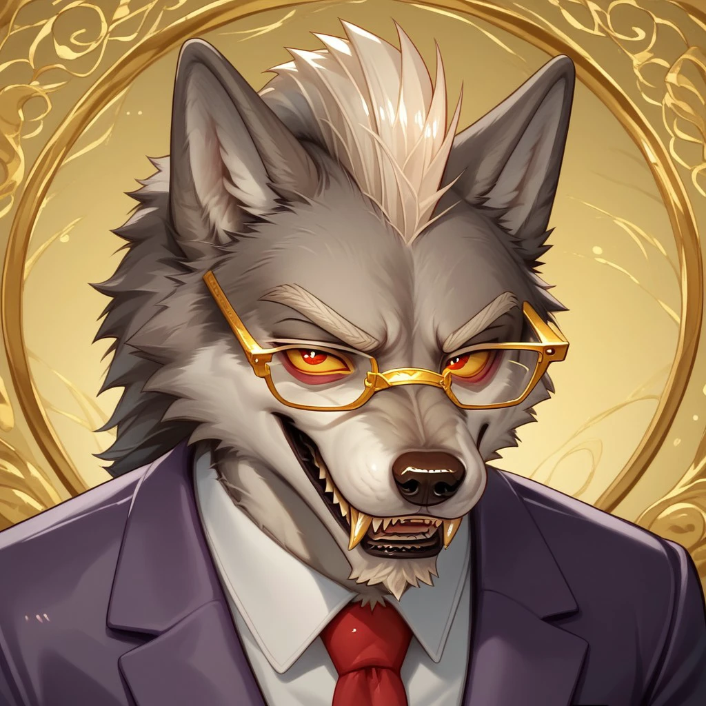 score_9, score_8_up, score_7_up, score_6_up, score_5_up, score_4_up, source_furry
((solo, anthro, 1boy)), light grey fur, white mohawk, sharp fangs, wolf, long white goatee, red iris, yellow sclera, white bushy eyebrows, VonKaramel, gold trimmed glasses, purple suit, red tie, detailed background, looking at viewer, hands in pocket, smiling, narrowed eyes, (bust portrait, partial side view)