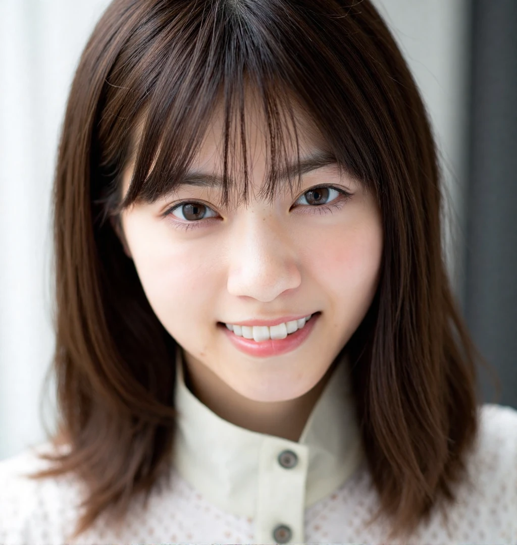 nanase, The image is a close-up portrait of a young Asian woman. She has shoulder-length, straight hair with bangs that fall over her shoulders. Her hair is styled in loose waves and falls over her forehead. She is wearing a light white shirt and is looking directly at the camera with a slight smile on her lips. high quality, photorealistic, studio lighting, soft lighting, high quality, film grain, light reflections.