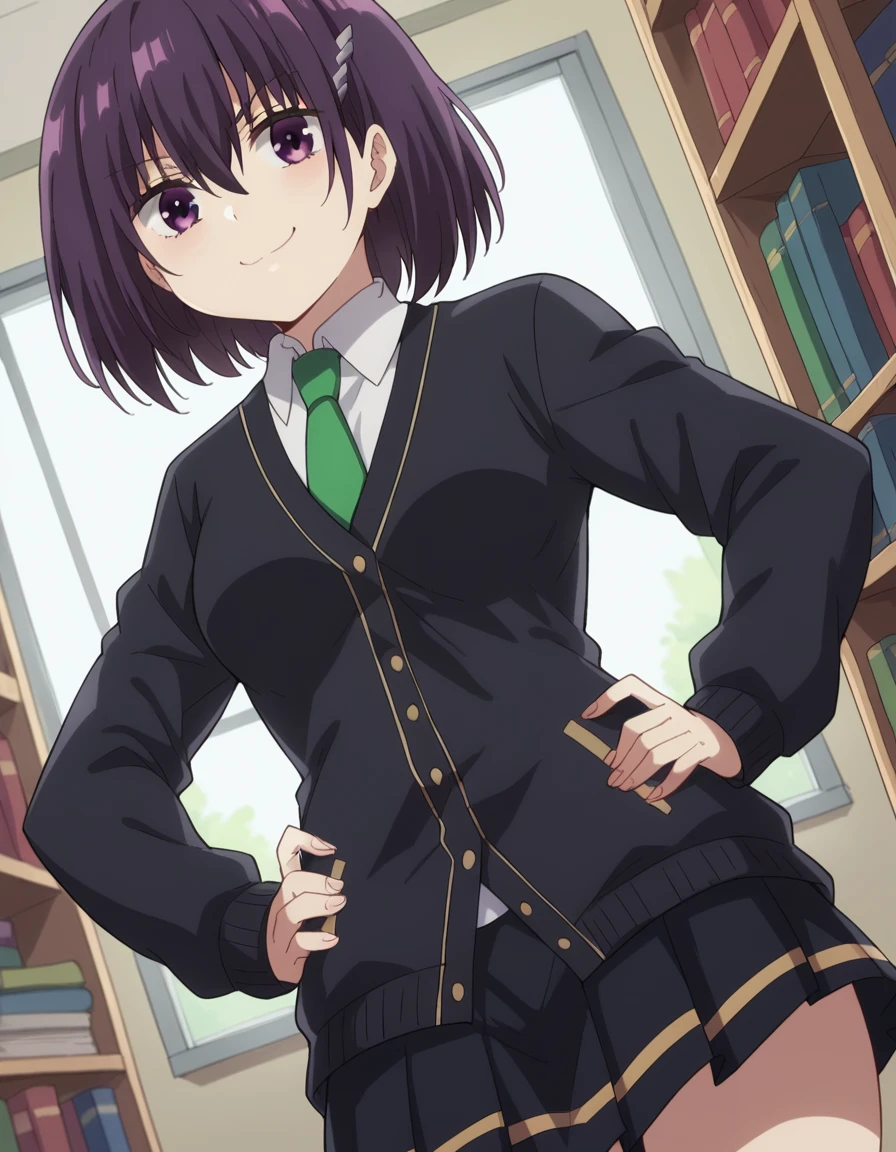 score_9, score_8_up, score_7_up, source_anime, <lora:suzu-kanade-s1-ponyxl-lora-nochekaiser:1>, suzu kanade, short hair, black hair, hair ornament, hair between eyes, purple eyes, purple hair, hairclip, medium breasts,, skirt, shirt, long sleeves, school uniform, jacket, white shirt, pleated skirt, necktie, black jacket, cardigan, green necktie, bookstore, browsing shelves, new book smell, finding a favorite, quiet atmosphere, smile, , smug, hands on hips,, solo,, cowboy shot, dutch angle,