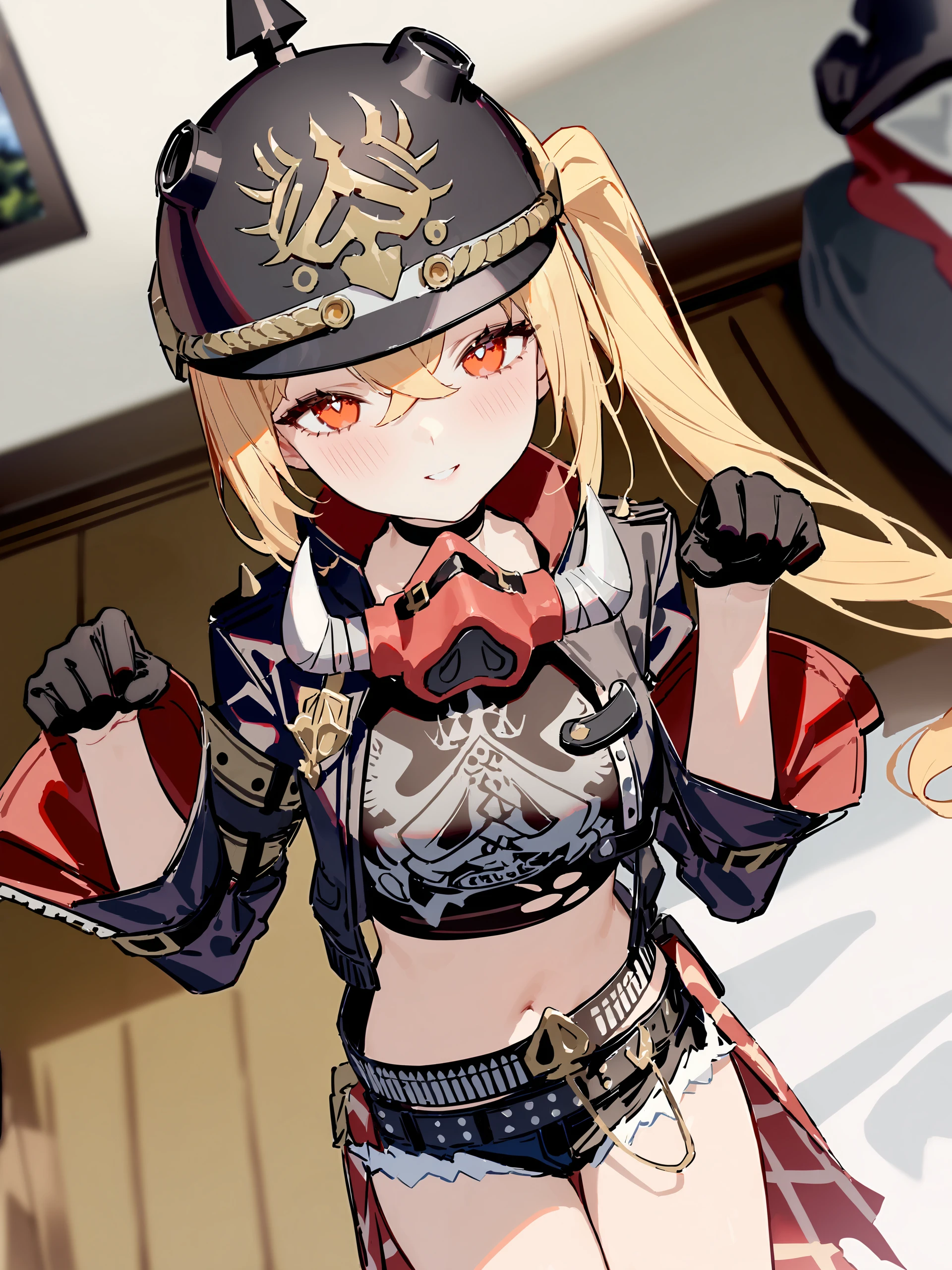 1girl, luciana de montefio, side ponytail, black helmet, cutoffs, half gloves, high belt, cropped jacket, mask around neck, black camisole, sarong, looking at viewer, from above, cowboy shot, paw pose, head tilt, blush, smile, bedroom, depth of field <lora:Char-ZZZ-Lucy-XL-V1:0.9>, masterpiece, best quality, very aesthetic, ray tracing, newest, petite, (hitenkei, askzy:0.5), [<lora:detailed_notrigger:0.95>::0.5]