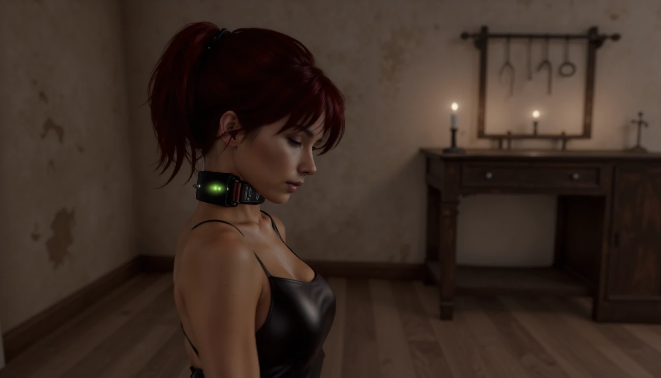 Close up of a young woman's neck wearing a leather dress in a dingy cellar with stained walls. Tightly around her slender neck she wears a black leather shockcollar.  The shockcollar includes a visible LED light glowing green on a rectangular module positioned on the side, indicating an active state.

Her long blond silken hair falls over her shoulder. Her brightly lit head hands low, looking down submissively. She is intimidated, fearing an electric shock. The atmospherics is tense. In the blurry background, iron rings, ropes and chains hanging from the wall. 

(hyper realistic , studio light, professional photoshoot, 16k, low camera ankle)