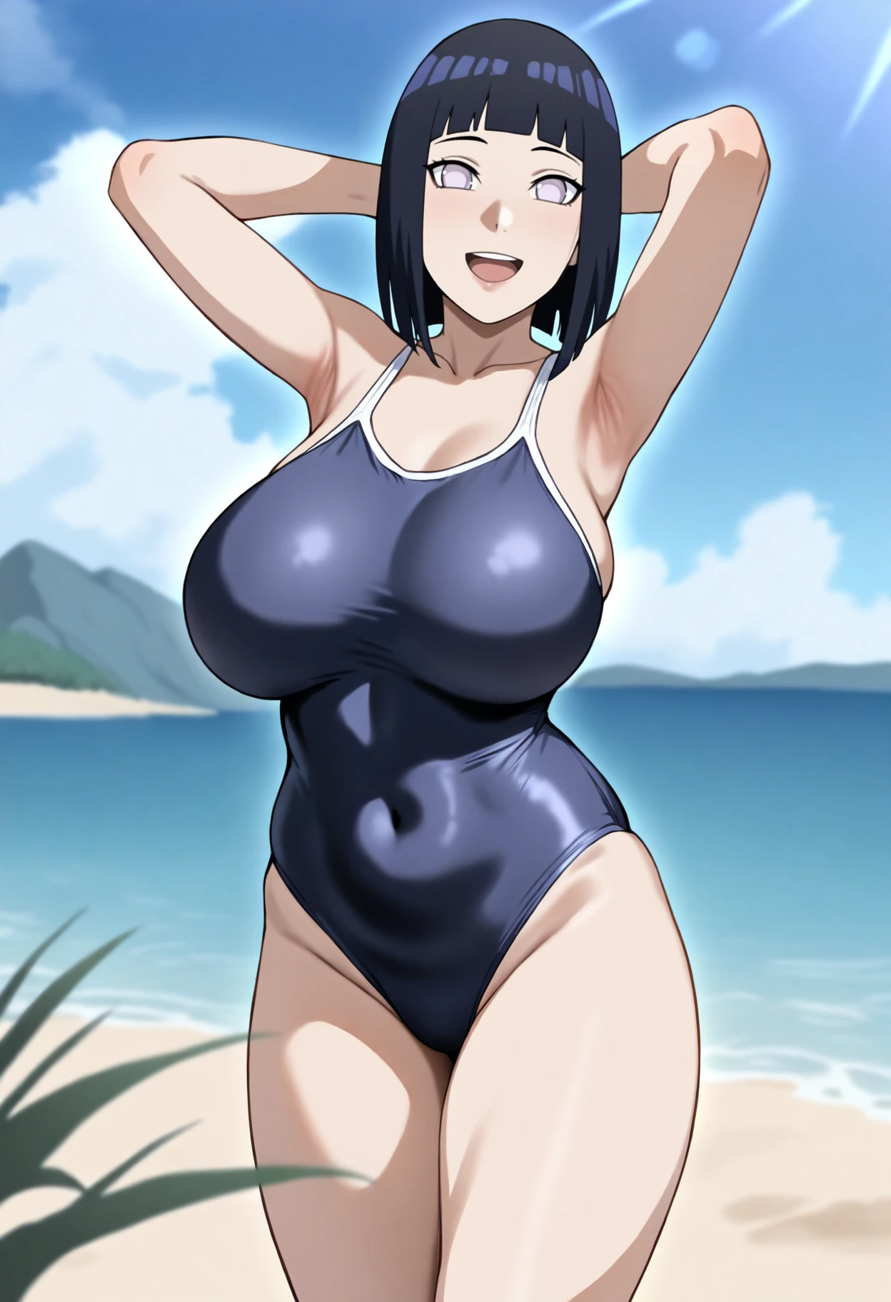 best quality, amazing quality, very aesthetic, absurdres,
1girl, hyuuga hinata, bangs, black hair, short hair, large breasts,
school swimsuit, hands behind head, one-piece swimsuit,
open mouth, smile, happy, solo, looking at viewer, sea, sand, blue sky, tropical island background    <lora:HinataBorutoIllustriousXL_byKonan:1>