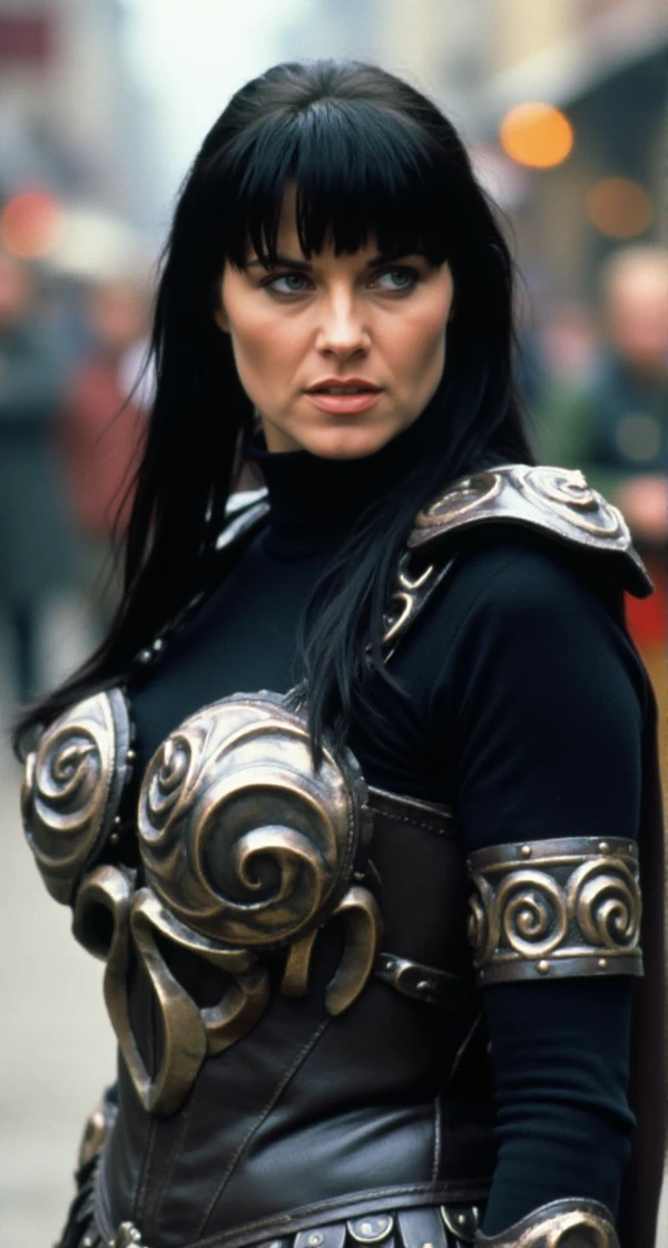 Xena is a dark hair woman with a bangs and blue eyes. She wears a turtleneck light armor. She stands in a medieval street. <lora:Xena:0.9>