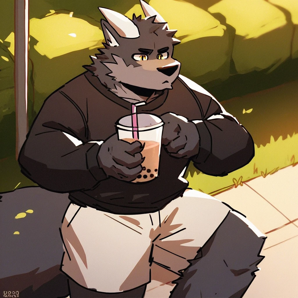 score_9_up, score_8_up, score_7_up, source_furry, mikus-style, black dragon, black body, white horns, yellow eyes, park, holding, bubble tea, black sweater, gray shorts, 1boy, solo