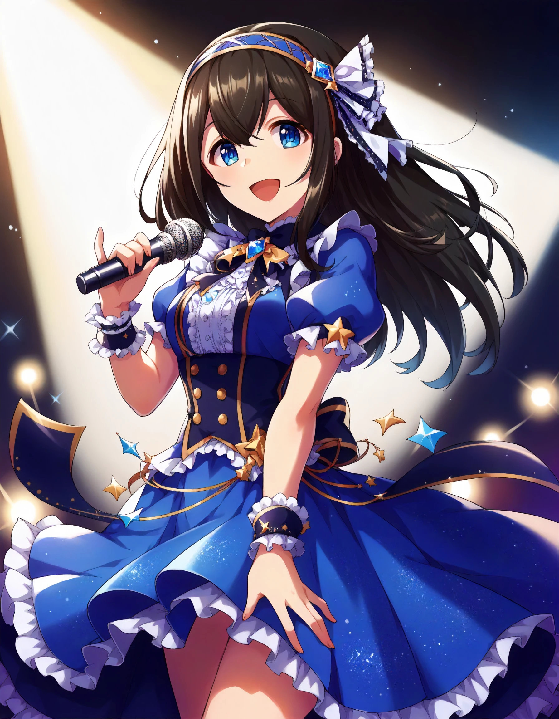 score_9,score_8_up,score_7_up,1girl,solo,cowboy shot,smile,open mouth,looking at viewer,holding microphone,stage lights,
<lora:sagisawafumika_ponyXLV6:0.8>,cgsf,
black hair,long hair,blue eyes,
hairband,blue dress,frills