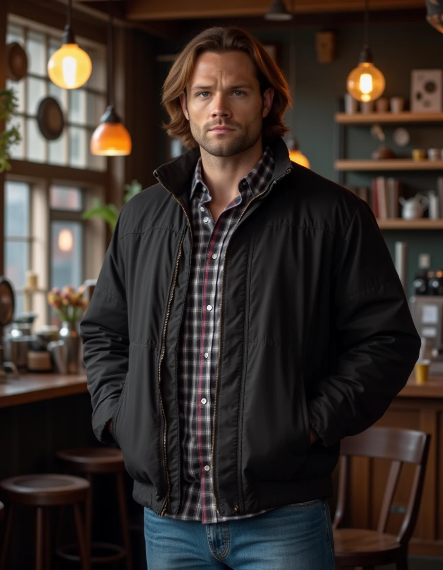 <lora:Sam_Winchester_Flux:1> this is an image of a tall well built man wearing a jacket, shoulder length hair, flannel shirt and jeans. in a cafe looking at the viewer