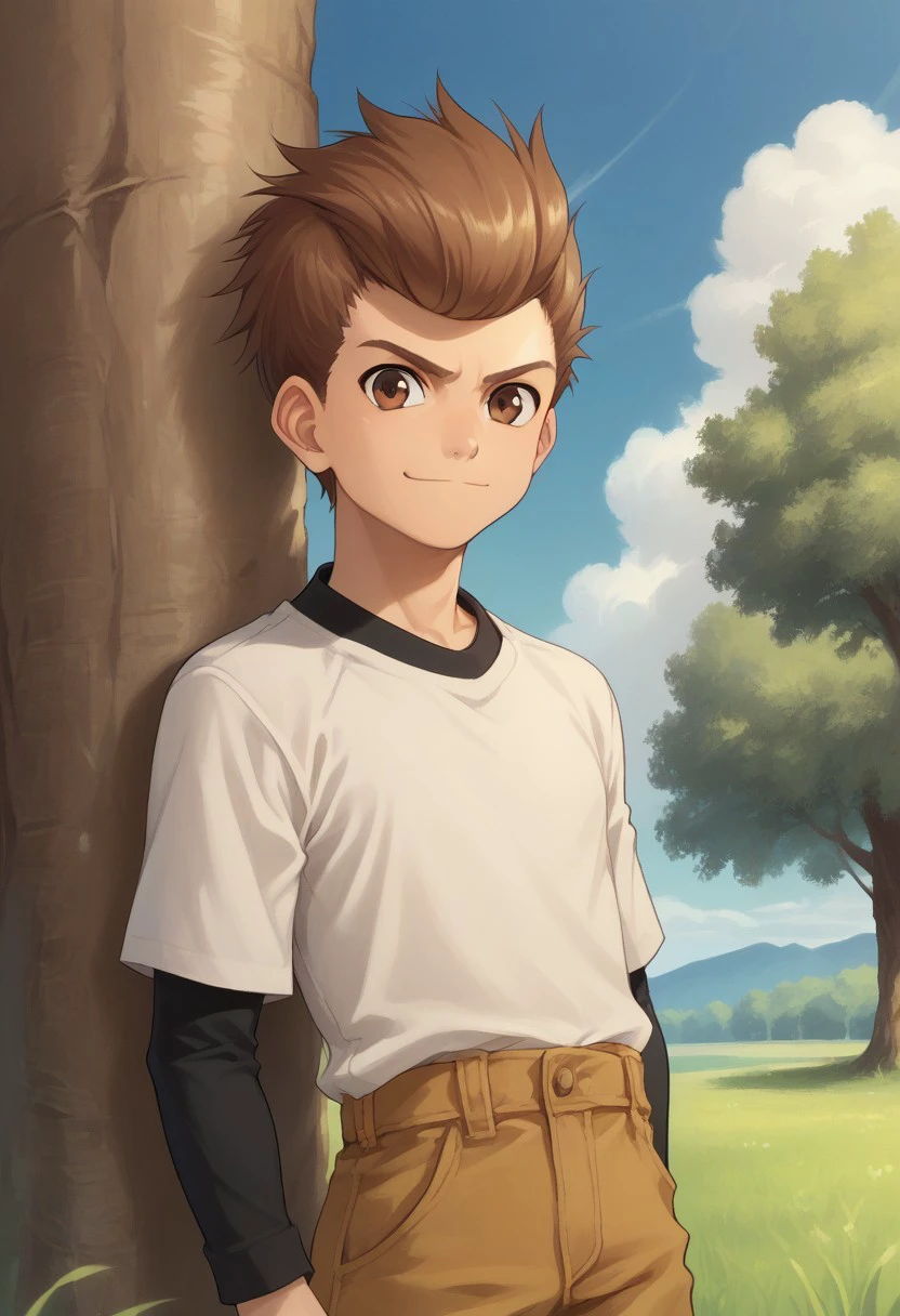 score_9, score_8_up, score_7_up, source_anime, highly detailed, 
1boy, male focus, solo, brown hair, brown eyes, shirt, pants, smile, determined, upper body,
outdoor, sky, cloud, tree