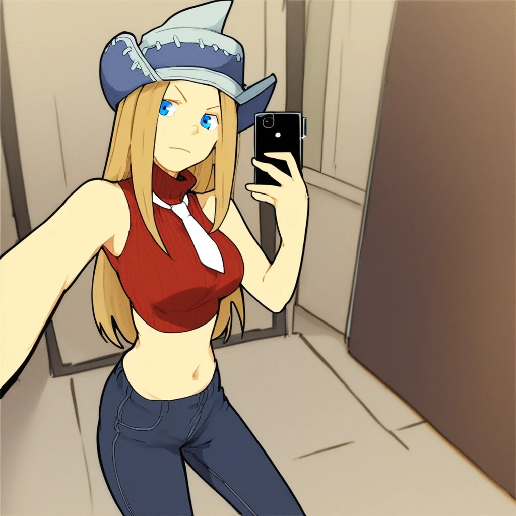 score_9, solo, liz_se, hat, long hair, blonde hair, blue eyes, sleeveless turtleneck, necktie, midriff, pants, selfie