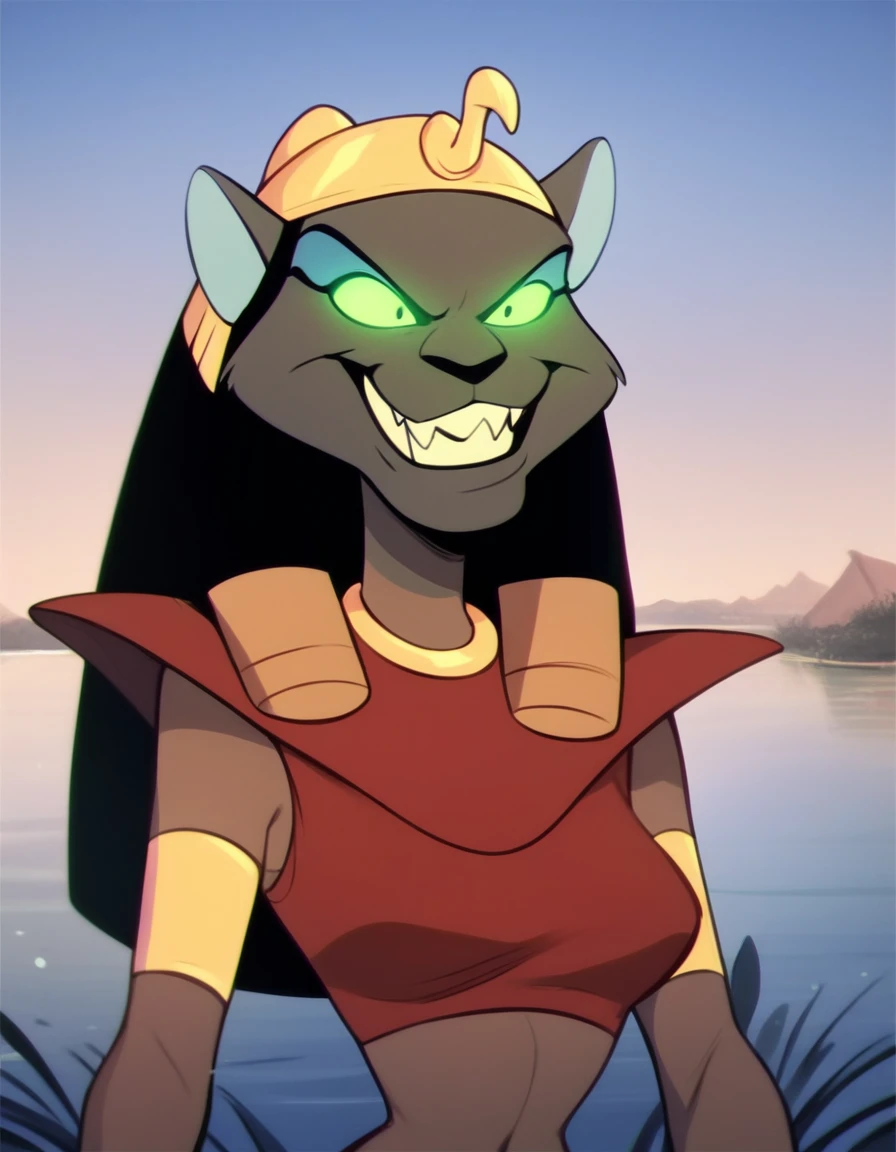 score_9, score_8_up, score_7_up, score_6_up, score_5_up, score_4_up, cinematic lighting, lake, mirage, female, glowing eyes, eyeshadow, egyptian clothing, uraeus, evil grin, <lora:MirageXL_02-Pony-e08:1>