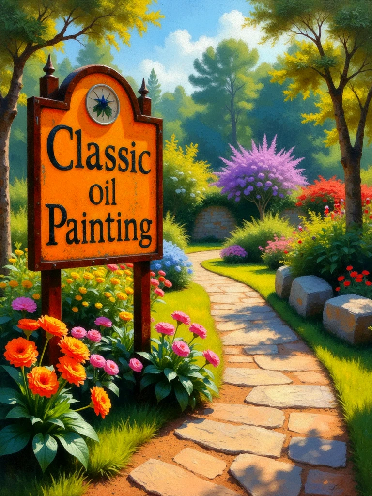 (A painted sign beside a path, with the text: "Classic Oil Painting"). The sign is in a beautiful botanical garden with Vibrant flowering garden on a sunny day.

clscoilCE style