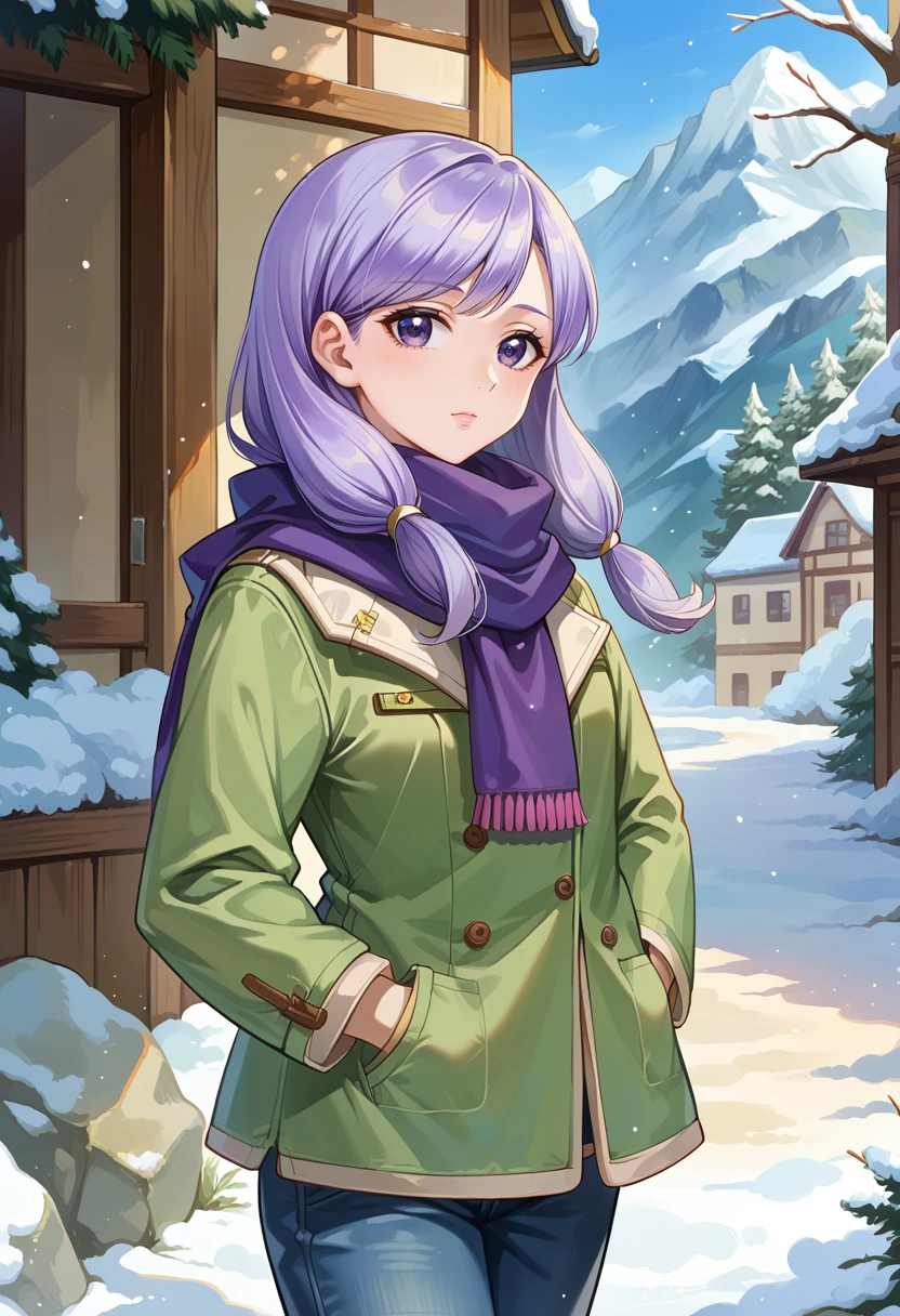 score_9, score_8_up, score_7_up, source_anime, 1girl, solo, cowboy shot, outdoors, snow,
BREAK <lora:IlyanaPoRXL:1> ilyanaPoR, lavender hair, lavender eyes, bangs, green coat, jeans, hands in pockets, purple scarf