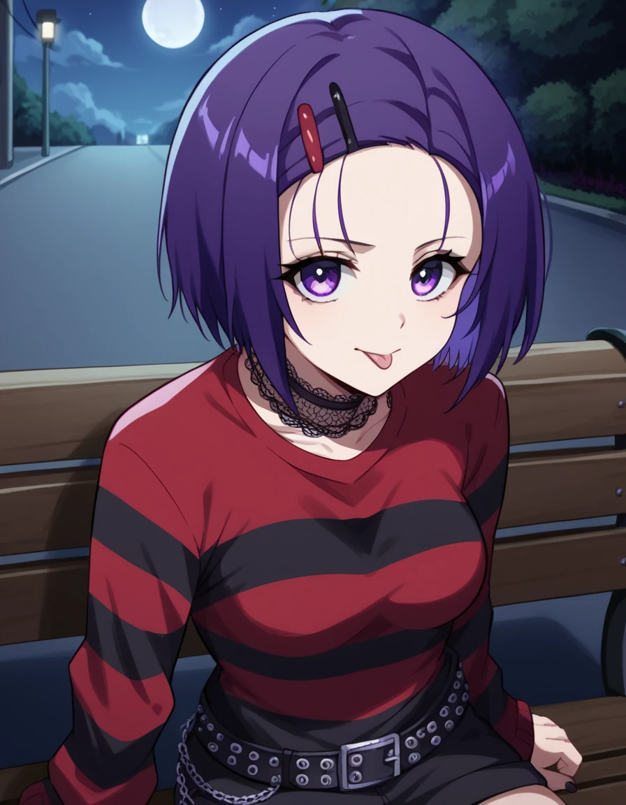 score_9, score_8_up, score_7_up, source_anime, <lora:haruna-sairenji-darkness-ponyxl-lora-nochekaiser:1>, haruna sairenji, hair ornament, hairclip, purple eyes, purple hair, short hair, swept bangs, forehead, medium breasts, <lora:emo-fashion-ponyxl-lora-nochekaiser:1>, emo fashion, torn sweater, two-tone sweater, sweater under shirt, striped sweater, lace-trimmed choker, belt chain, red sweater, black sweater, goth fashion, street, night, moon, sitting, bench, from above, tongue out, cowboy shot, looking at viewer