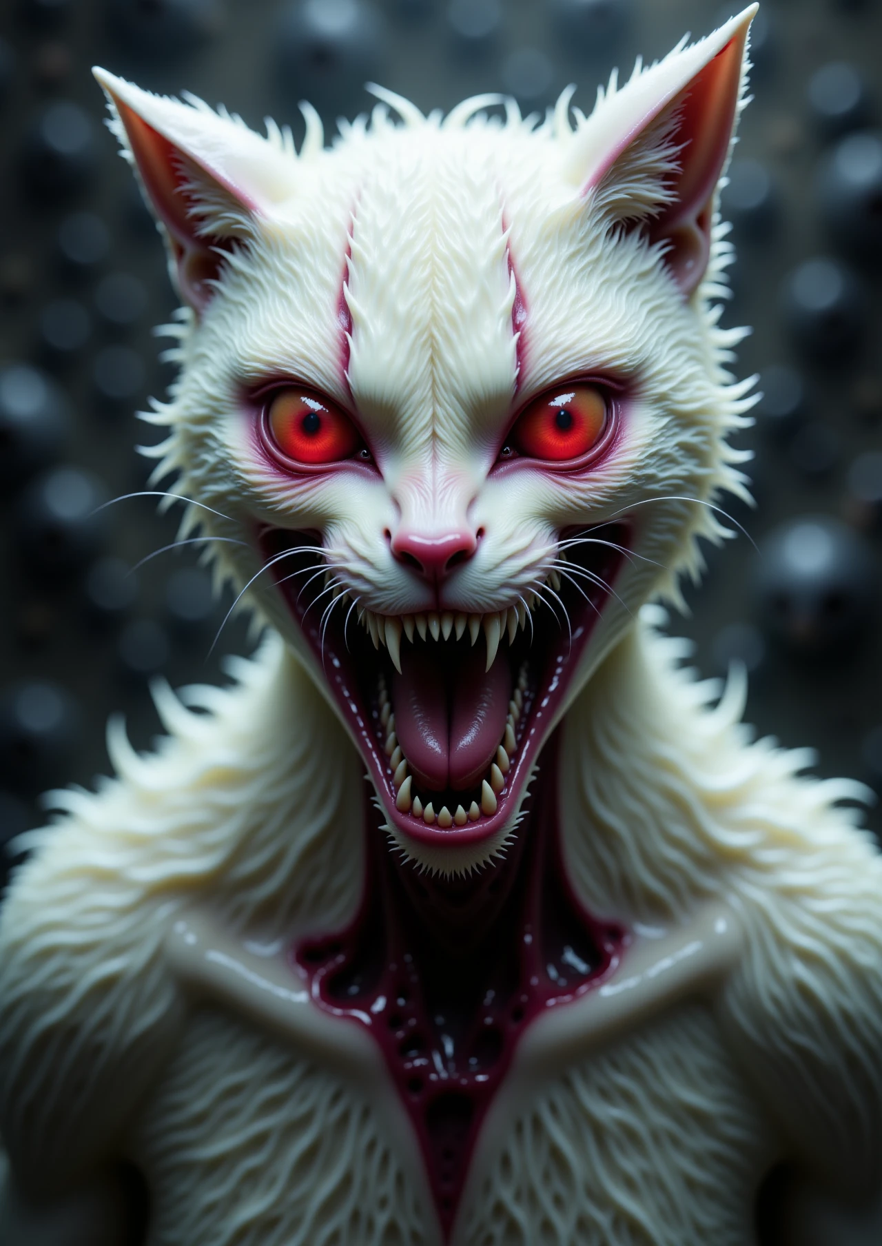 This is a highly detailed, CGI-rendered digital artwork featuring a grotesque, humanoid creature that appears to be a fusion of a cat and a human. The creature has a white, fluffy cat-like body with red, glowing eyes that give it an eerie, otherworldly appearance. Its face is a grotesque mix of human and animal features, with a wide, toothy grin that exposes sharp, pointed teeth.