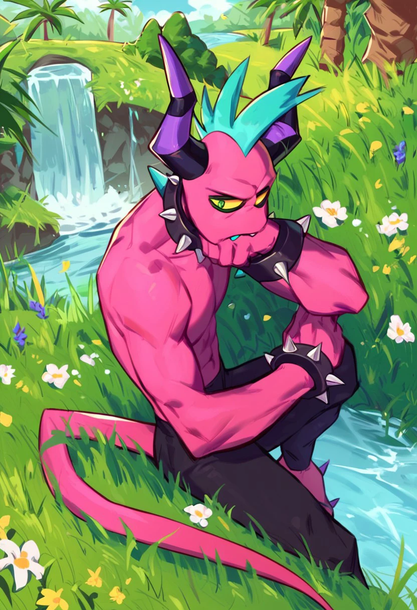 score_9, score_8_up, score_7_up, Zazz, Zeti, mohawk, blue tongue, yellow sclera, green eyes, horns, tail, sharp teeth, spiked collar, spiked bracelets, male, solo, waterfall, river, grassy field, flowers, palm trees, bored expression, lounging