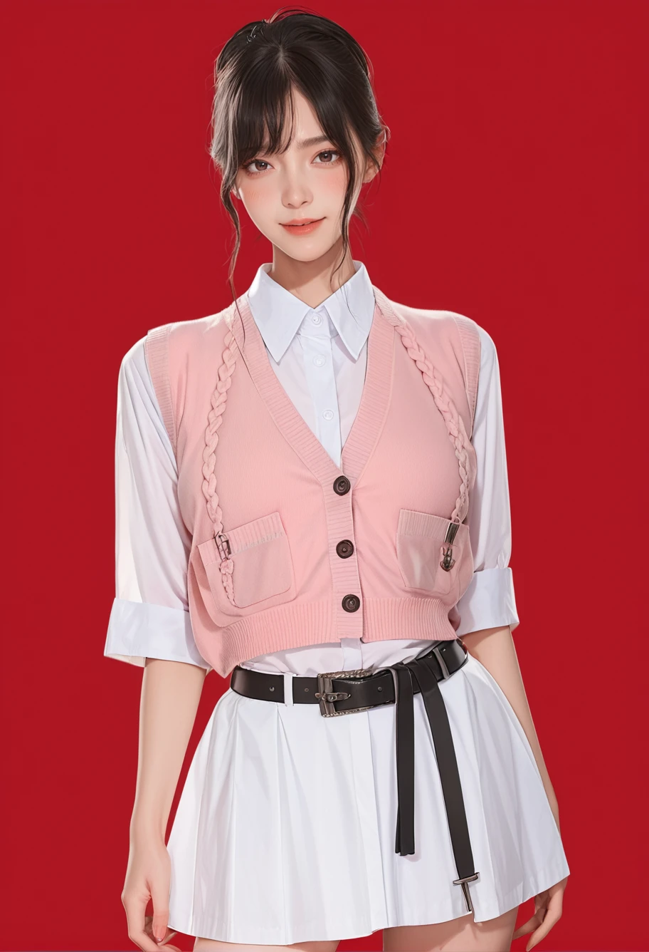 1girl,red background,,ruanyi1018,black belt,collared shirt,pink vest,white skirt,<lora:1018 Home wear 34_v1_pony:1>, score_9, score_8_up, score_7_up, score_6_up, score_9, score_8_up, score_7_up, score_6_up source_anime, blush, 1girl, seduce smile, perfect body , natural huge breasts