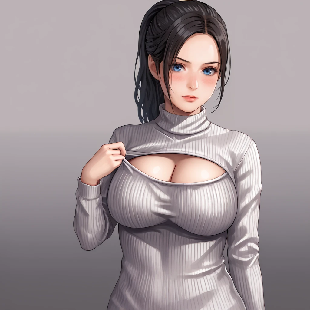 <lora:clairere2remake_pony_v1:.8>  ClaireResidentEvil2Remake, 1girl, large breasts, black hair,  ponytail, long hair, blue eyes,  cowboy shot,  <lora:open-chest-sweater-ponyxl-lora-nochekaiser:1> open-chest sweater, ribbed sweater, cleavage cutout, meme attire, clothing cutout, turtleneck, sweater dress, cleavage, clothes tug, sweater pull, cleavage reach,