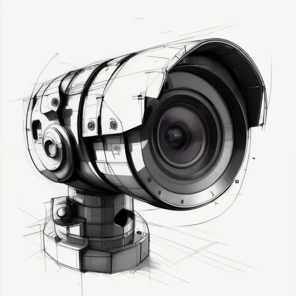 Rough industrial design sketch of a CCTV camera, featuring dynamic lines and expressive pen strokes. Capture the essence of a prototype with loose, gestural marks that convey motion and energy. The camera's form should be angular, with sharp edges and a futuristic, minimalistic design. Focus on contrast between light and shadow to highlight key elements of the design. The perspective is slightly tilted, adding a sense of depth and dynamism. The overall aesthetic is raw and conceptual, with an emphasis on the exploratory process of industrial design.