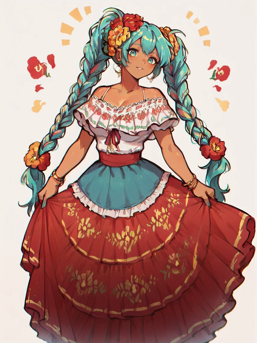 score_9, score_8_up, score_7_up, score_6_up, score_5_up,  <lora:MexicanHatsuneMikuXLP2:0.8> mexican hatsune miku, 1girl, solo, dress, twin braids, multicolored hair, tan skin, curvy, hair flower,