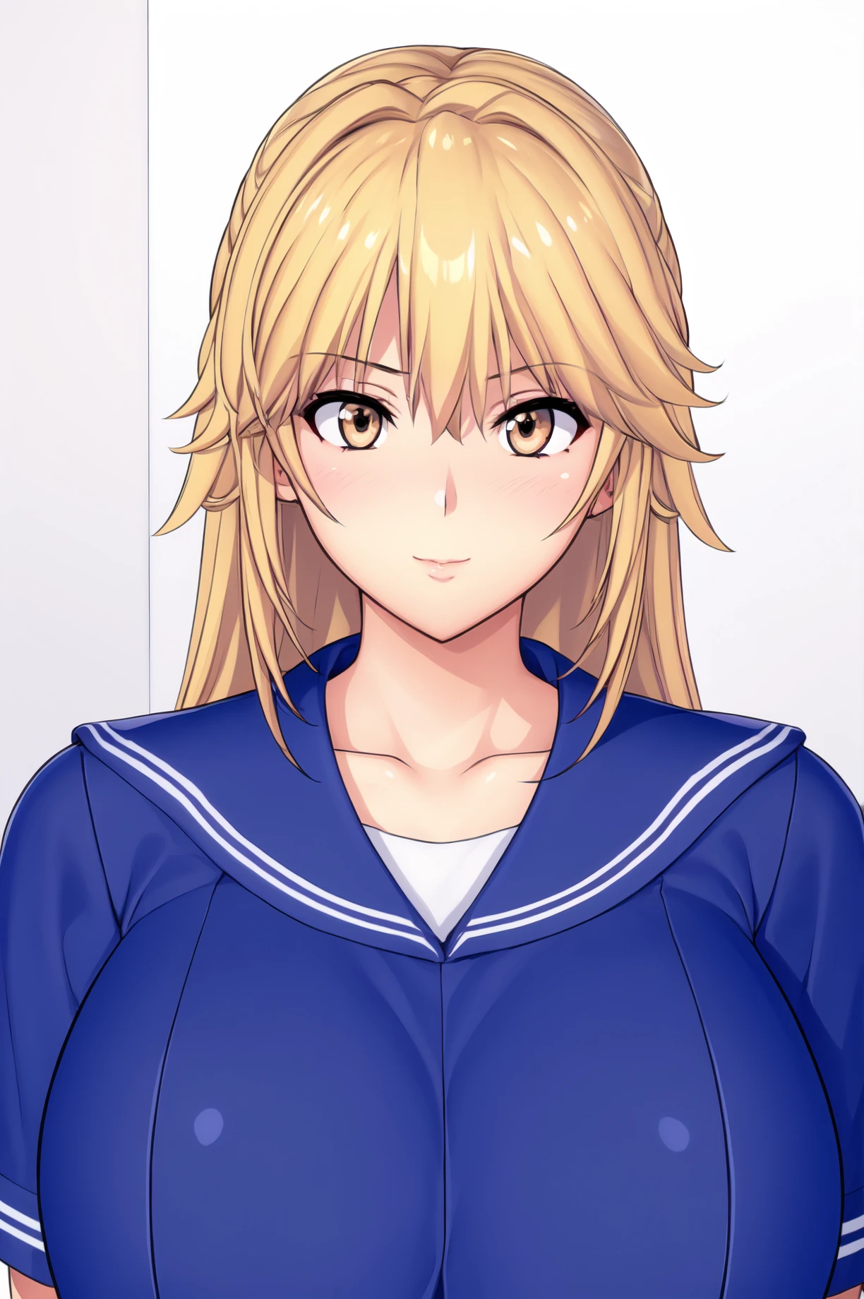 Simple Background,(White_Background:1.1),
dynamic pose,standing at attention,
blue sailor collar, school uniform, blue serafuku, collarbone, fingerless gloves, pleated skirt, short sleeves,
<lora:Delinquent_KK77-KK77-V1:0.7>,Delinquent_KK77,
brown eyes, blonde hair,bangs,Long hair,
<lora:more_details:0.1>,<lora:NovelAI_YesMix5_KKStyle-KK77-Yes5-V1:0.3>,<lora:Oda_Non_Style2-KK77-Yes5-V1:0.3>,
1 girl, 20yo,Young female,Beautiful long legs,Beautiful body,
Beautiful Nose,Beautiful character design, perfect eyes, perfect face,expressive eyes,perfect balance,
looking at viewer,(Focus on her face),closed mouth, (innocent_big_eyes:1.0),(Light_Smile:0.3),
official art,extremely detailed CG unity 8k wallpaper, perfect lighting,Colorful, Bright_Front_face_Lighting,White skin,
(masterpiece:1.0),(best_quality:1.0), ultra high res,4K,ultra-detailed,
photography, 8K, HDR, highres, absurdres:1.2, Kodak portra 400, film grain, blurry background, bokeh:1.2, lens flare, (vibrant_color:1.2),professional photograph,
(Beautiful,large_Breasts:1.4), (beautiful_face:1.5),(narrow_waist),