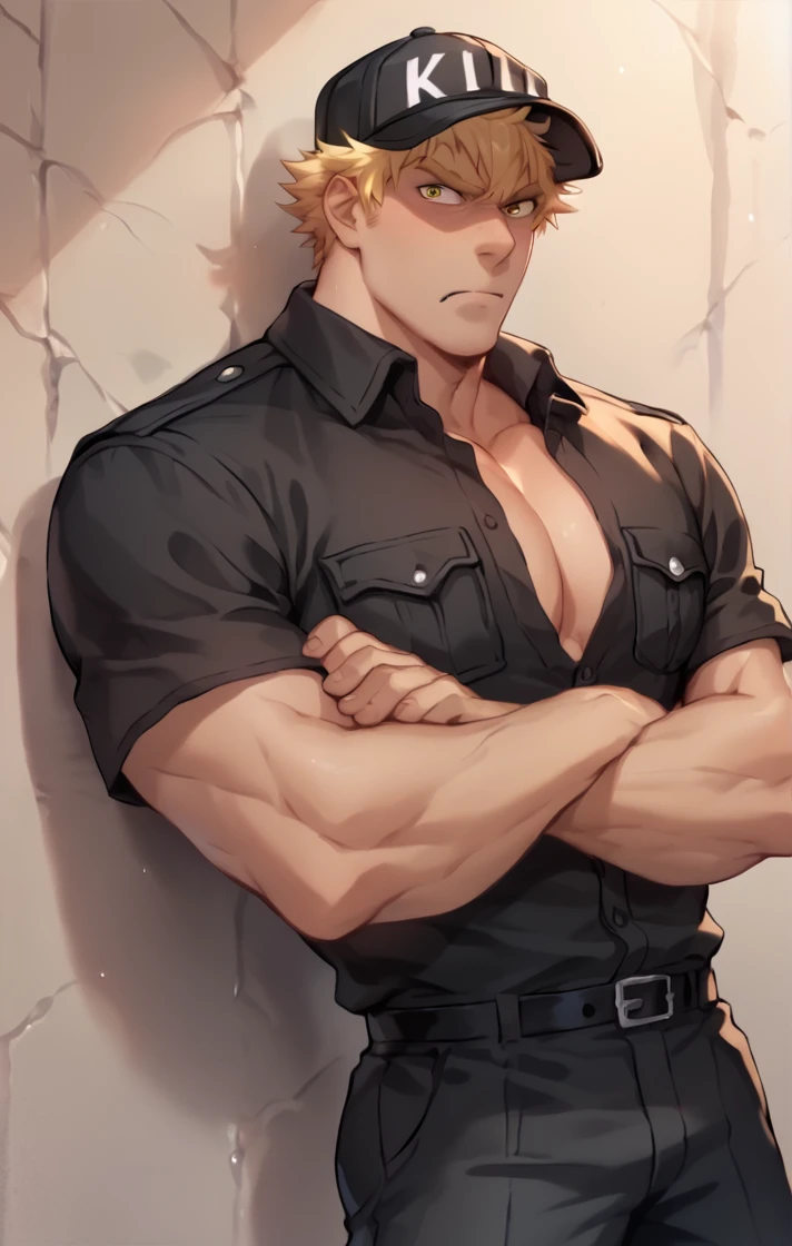 <lora:KillerTCellXL:0.9> score_9, score_8_up, score_7_up, score_6_up, smooth coloring, 1man, manly, solo, bara, male focus, KillerTCell, blonde hair, yellow eyes, black military uniform, black belt, pants,  cap, angry, leaning against wall, office background, arms crossed over chest, looking at side