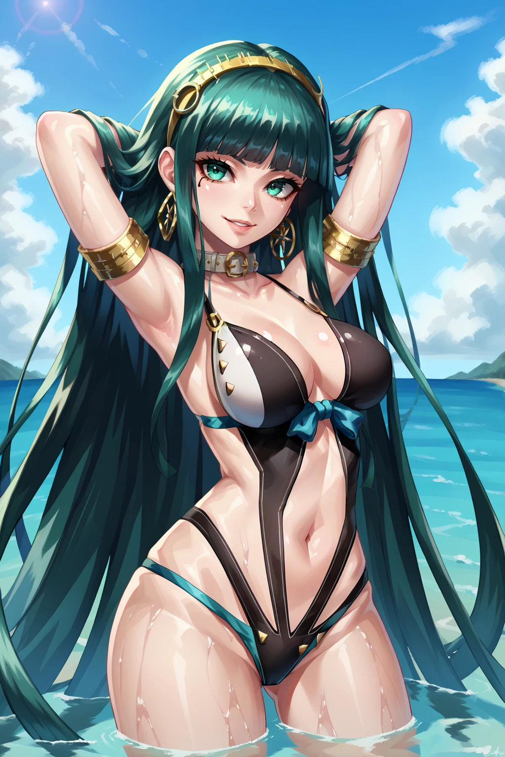 score_9, score_7_up, source_anime, cowboy shot, looking at viewer, smile, parted lips, ftclp, large breasts, very long hair, blue hair, aqua eyes, long hair, blunt bangs, facial tattoo, gold hairband, hoop earrings, belt collar, gold armlet, bracelet, two-tone one-piece swimsuit, black one-piece swimsuit, white one-piece swimsuit, stomach cutout, blue ribbon, arms behind head, shiny skin, submerged, outdoors, ocean, <lora:Hoseki_Fate_Cleopatra_PDXL_v1:1>