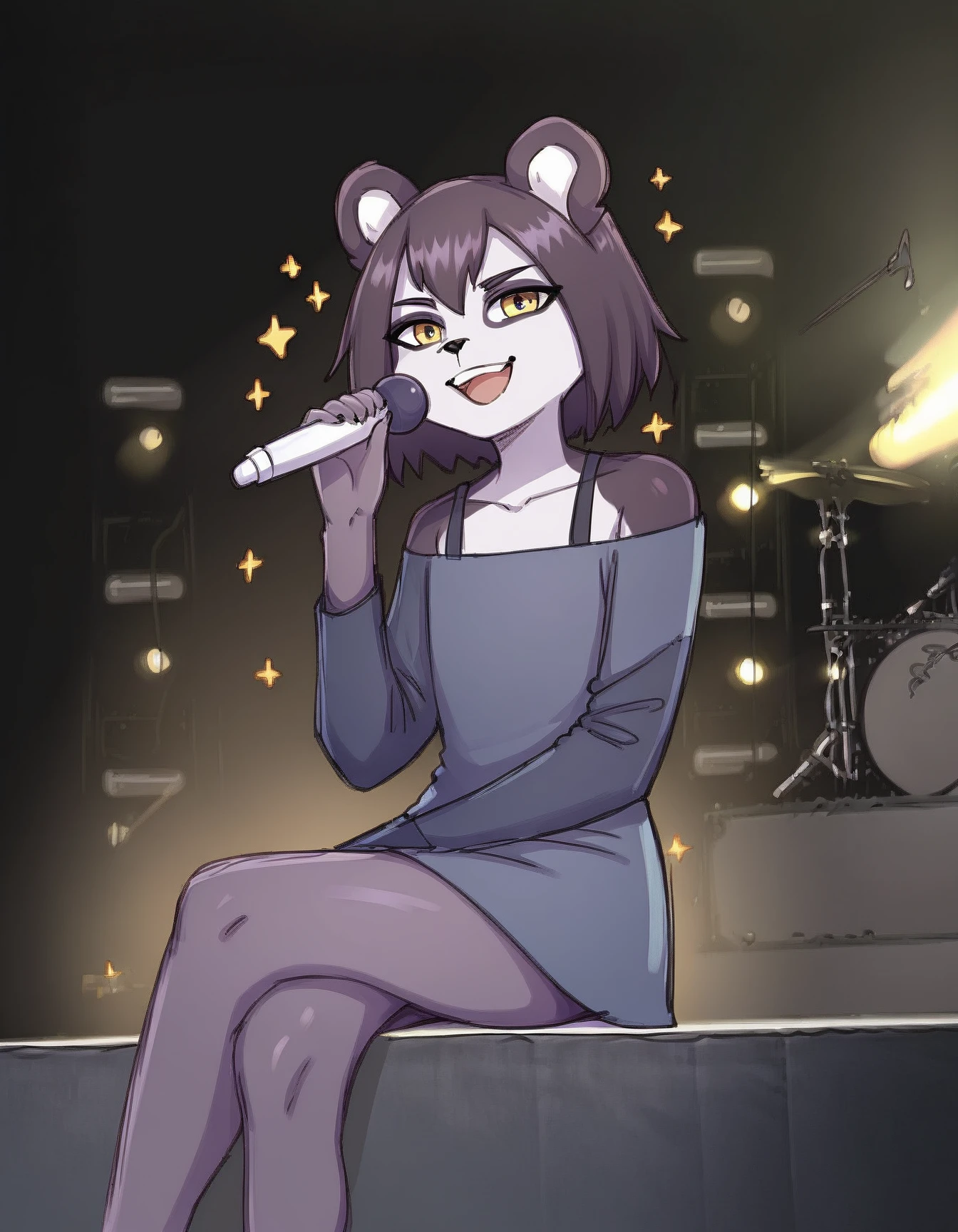 score_9, score_8_up, score_7_up, score_6_up, score_5_up, score_4_up
Maxine, solo, yellow eyes, gray dress, dark purple fur, two tone fur, white face, animal ears, brown hair, eyeslasher, bare shoulders, long sleeves  sitting, music, crossed legs, holding black microphone, singing, screen <lora:FanScreamingAtMadisonBeer_XLPD:1>, looking at viewer
<lora:Maxine_XL:1>