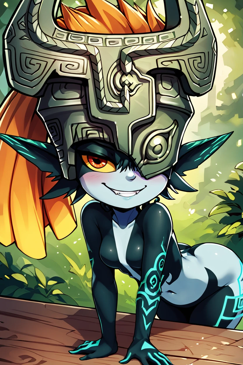 score_9, score_8_up, score_8, (curvy), cute, eyelashes,       BREAK, , zzMidna, colored skin, pointy ears, orange hair, helmet, multicolored skin, two-tone skin, yellow sclera, one eye covered, shortstack,  <lora:MidnaZelda_PDXL:0.8>,, BREAK, looking at viewer, ,,, smile, waving, upper body, leaning forward, head tilt, ,,, embedding:zPDXL, Expressiveh, ,,, <lora:CatalystStylePDXL:0.6>, <lora:SDXLFaeTastic2400:0.5>, <lora:Expressive_H-000001:0.4>,