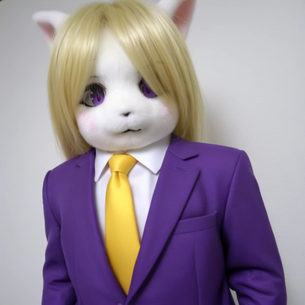 <lora:plush_SDXL:0.7>,realistic, blonde hair, tie, white skin, purple suits, :3, looking at viewer, no_nose, furry