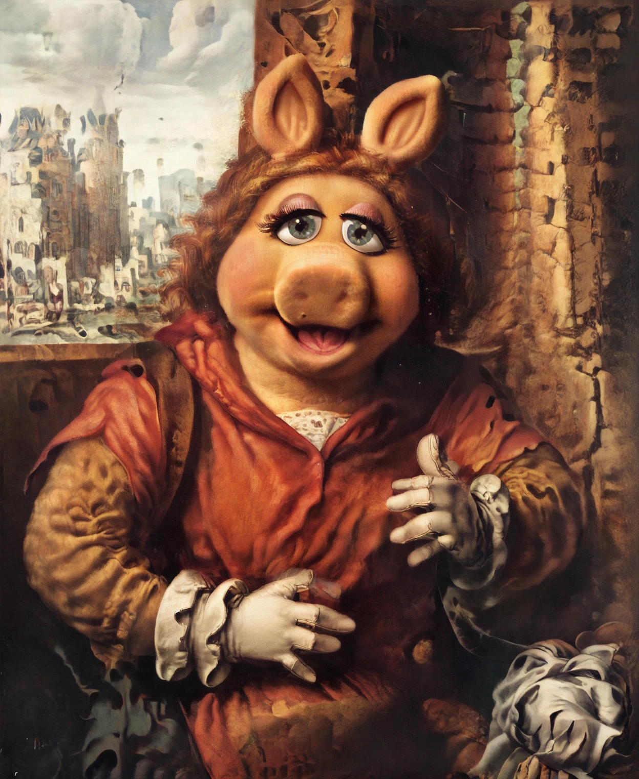 <lora:jan-van-hemessen_pony_v1:0.95>  ' miss piggy ' by HemessenJanvan in 1540,genre painting \(genre\),Northern Renaissance \(style\),solo female ,<lora:Miss_Piggy_Pony:1> uncensored, gloves,, score_9, score_6_up, score_7_up