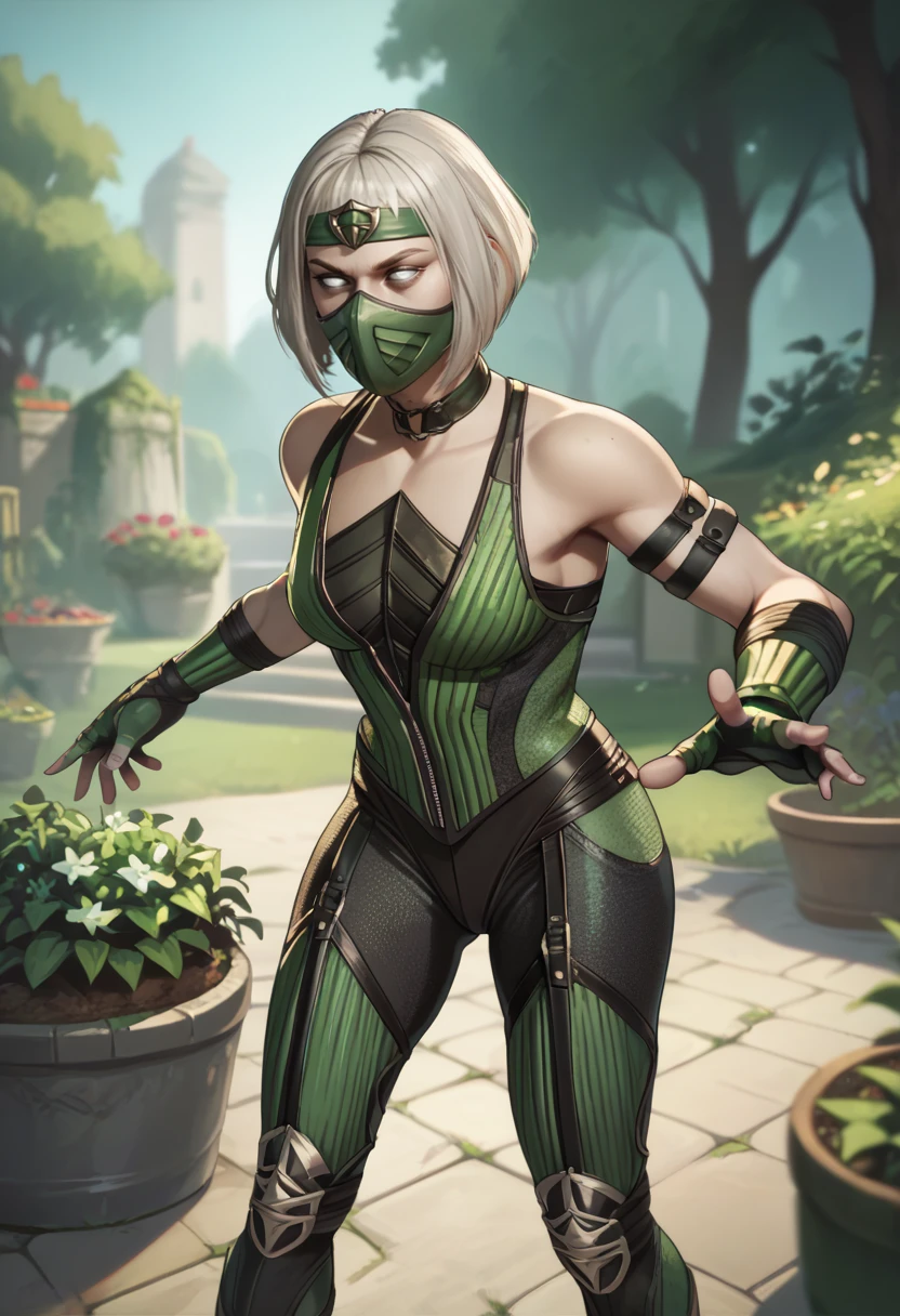 score_9,score_8_up,score_7_up,score_6_up,
khmlnxl,white eyes,white hair,bob cut,
mouth mask,
green and black bodysuit,green headband,bare shoulders,green fingerless gloves,choker,
outdoors,garden,fantasy,
fighting stance,
<lora:KhameleonXL:0.9>,