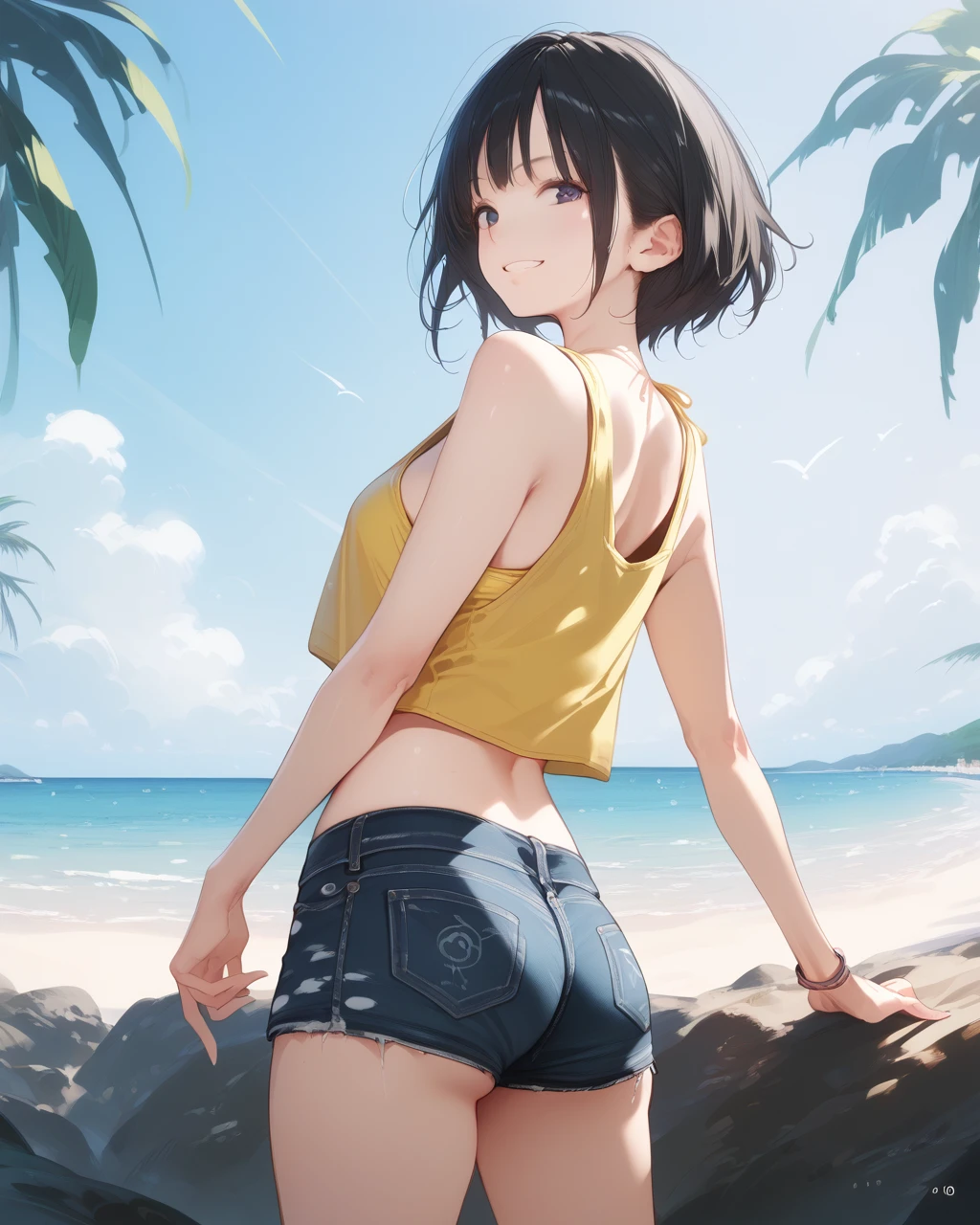 score_9, score_8_up, score_7_up, score_6_up, score_5_up, score_4_up, source_anime, screenshots, <lora:amamitsuki_pony:0.8:start=10>amamitsuki, 1girl, yellow tank top, denim shorts, black hair, short hair, beach, smile, solo,standing, looking back, cowboy shot,