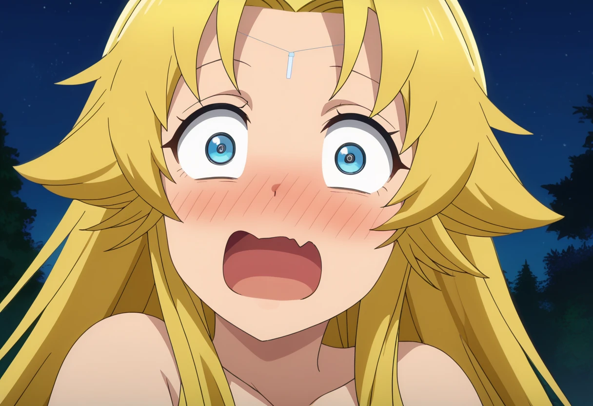 score_7, anime screencap, 
<lora:SayounaraRyuusei_CelinaXL:0.9>, CelinaSRKJ,
1girl, open mouth, surprised, nose blush, wavy mouth, skin fang, wide-eyed, constricted pupils,
long hair, blonde hair, parted bangs, hair flaps, circlet,
night,
close-up, looking at viewer,
outdoors, forest, blue sky,