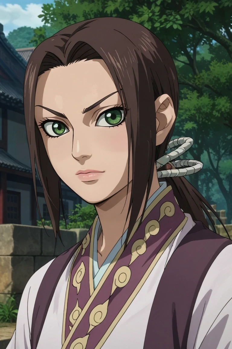 score_9, score_8_up, score_7_up, source_anime, rating_safe, , anime screencap, , official style, looking at viewer, , 1girl, solo, <lora:kaine_kingdom_pony:0.82>, kaine_kingdom, brown hair, green eyes, long hair, ponytail, , , <lora:sdxl_lightning_8step_lora:1>