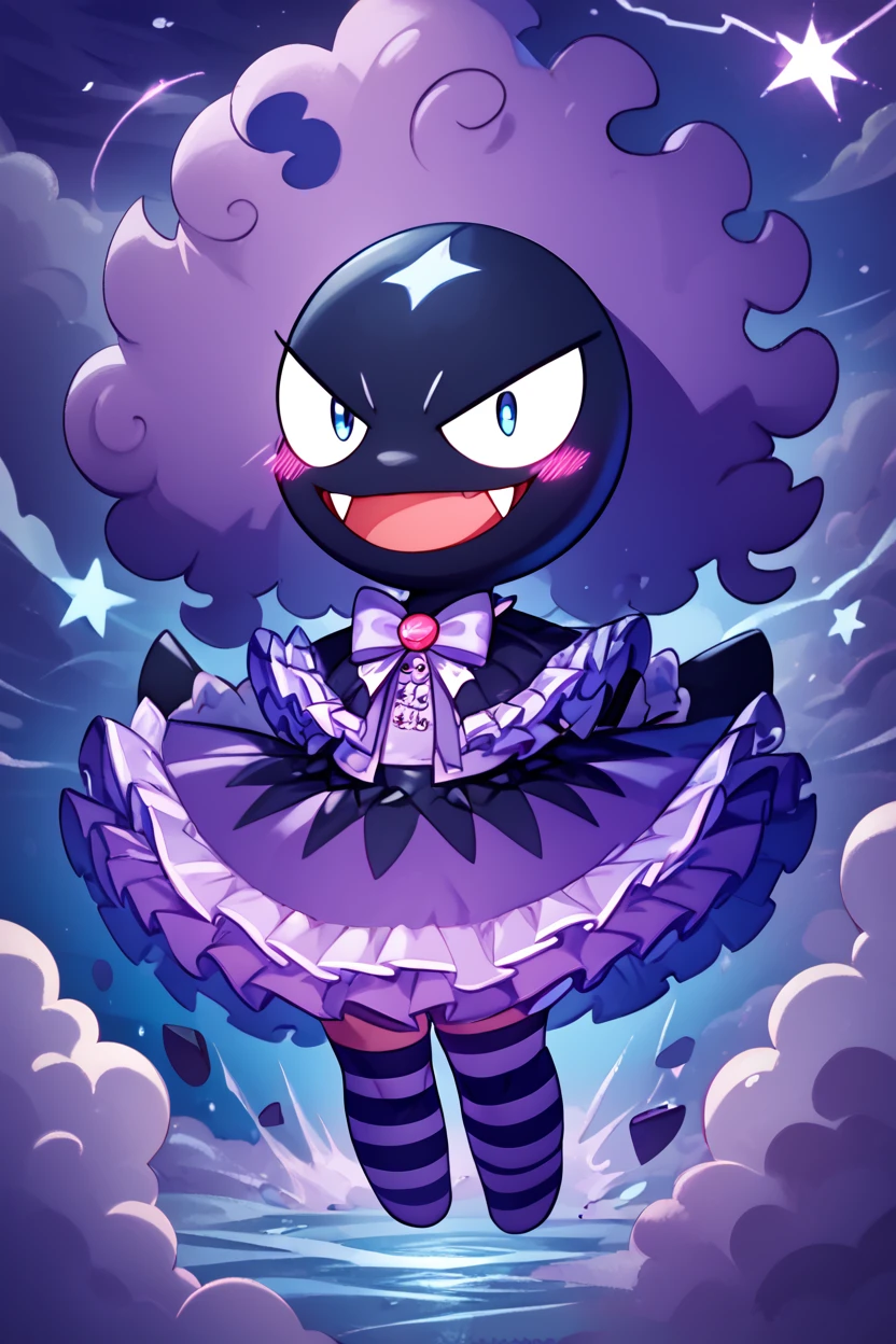 score_9, score_8_up, score_8, no humans,   BREAK, ,  zzGastly, fangs, black eyes, full body, floating, outdoors, :d, night, cloud, purple background <lora:Gastly_Pokemon_PDXL:0.8>, , BREAK, closed mouth, alternate costume, smile, looking at viewer, blush, ,,, zzLFashion, frilled dress, frills, bow, dress, striped thighhighs, sweetL, cowboy shot, ,,, embedding:zPDXL, Expressiveh, ,,, <lora:Vivid:0.7>, <lora:LFashionPDXL:1>, <lora:Uncensored_PonyXL_cpt_v02.09:0.4>, <lora:Expressive_H-000001:0.4>,