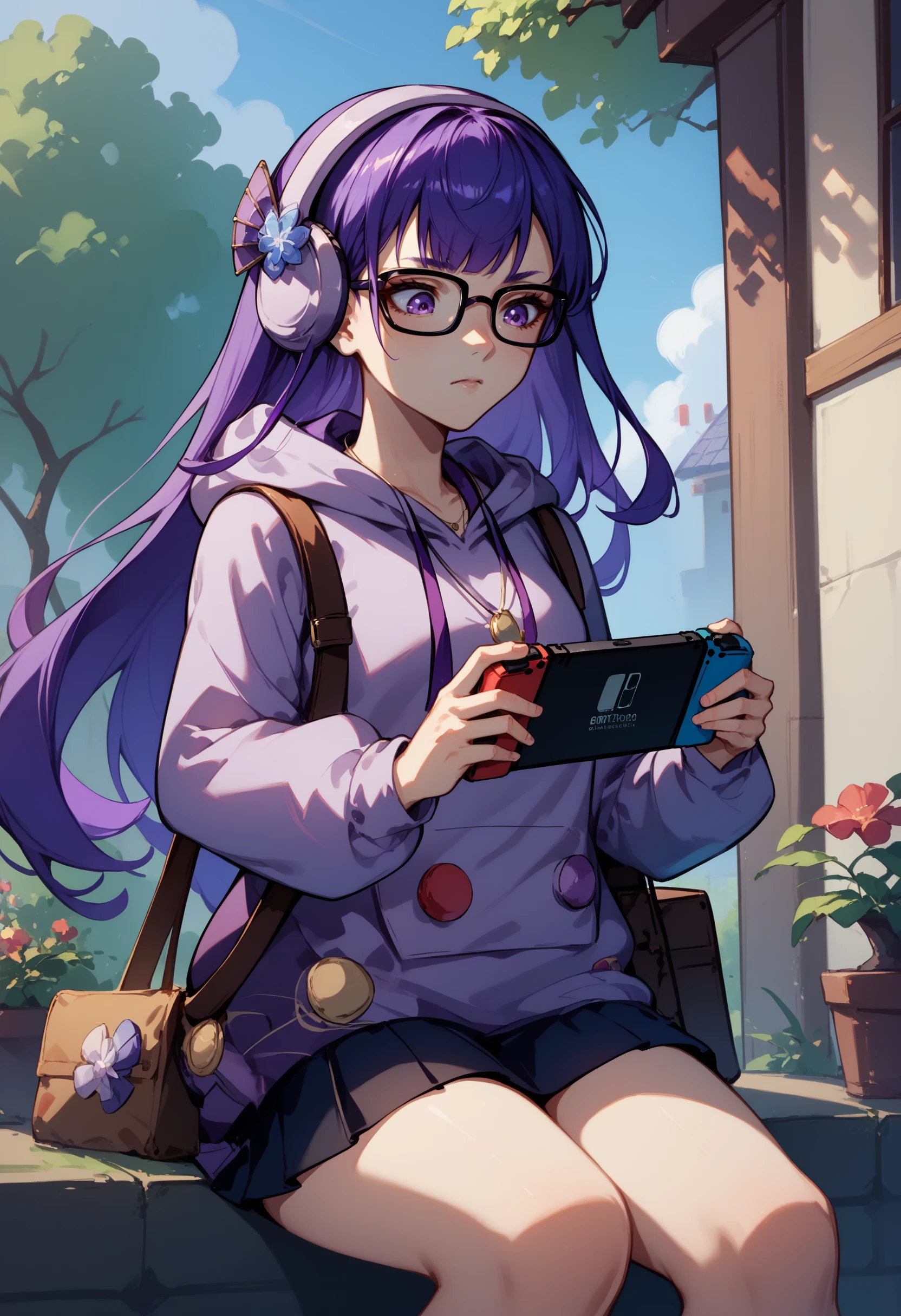 score_9, score_8_up, score_7_up, 1girl, rdenShgunAnv, purple hair, sidelocks, purple eyes, glasses, bespectacled, headphones, hair ornament, purple hoodie, hood down, drawstring, long sleeves, necklace, jewelry, bag, pleated skirt, black skirt, contemporary, casual, <lora:RaidenShogun2ndAnniv_pdxl_Incrs_v1:1>, sitting, outdoors, holding handheld game console, nintendo switch, playing games, intense, looking down,