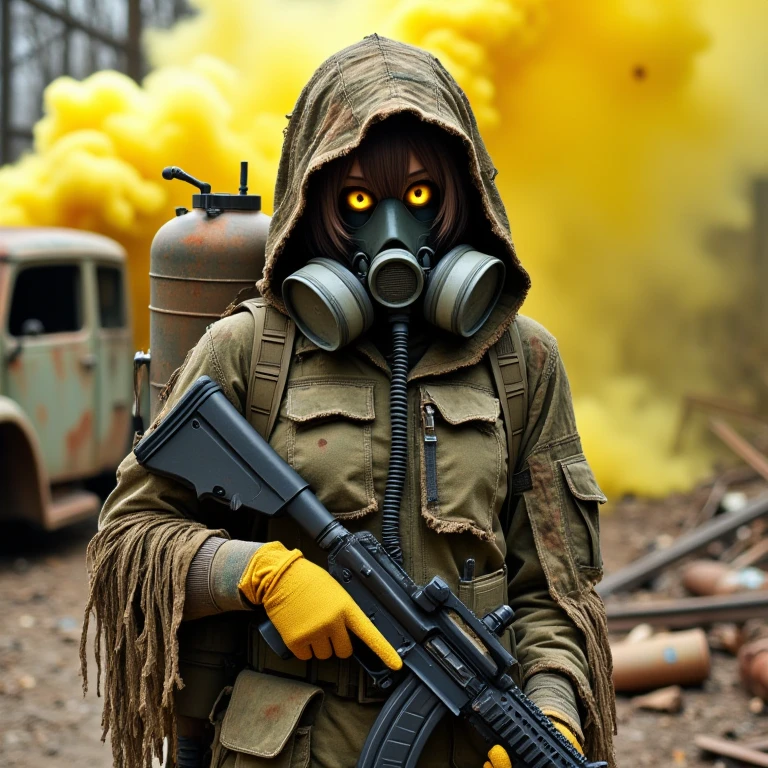 GhillieSuit,
In this intense, gritty scene, a young woman stands in a post-apocalyptic wasteland, fully geared for survival in a hostile environment. She wears a gas mask with large circular filters, obscuring her face but revealing her striking, glowing yellow eyes, which seem to peer through the mask with an eerie intensity. Her hooded, tattered cloak is made of camouflaged material, with frayed edges that blend into the desolate surroundings. The cloak, combined with her tactical gear, gives her a battle-hardened, nomadic appearance.
She grips a military-grade assault rifle, her hands protected by yellow gloves, ready for any danger that might emerge. Strapped to her back is a large oxygen or survival tank, reinforcing the idea that the air in this environment is toxic. Behind her, a thick cloud of yellow smoke or dust fills the scene, giving the impression that this area has been ravaged by some catastrophic event or chemical fallout.
The background reveals an abandoned, rusting vehicle and the decaying remains of industrial structures, half-destroyed and overtaken by the wasteland. The scene is filled with a sense of decay and danger, where survival seems to be a constant battle in a world long since fallen apart.
The combination of her intense gaze, protective gear, and desolate surroundings creates an atmosphere of tension and resilience, painting her as a survivor in a harsh, unforgiving world.
, <lora:Ghillie_suit_clothing_flux:0.8>,