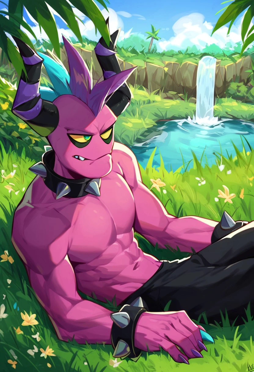 score_9, score_8_up, score_7_up, Zazz, Zeti, mohawk, blue tongue, yellow sclera, green eyes, horns, tail, sharp teeth, spiked collar, spiked bracelets, male, solo, waterfall, river, grassy field, flowers, palm trees, bored expression, lounging