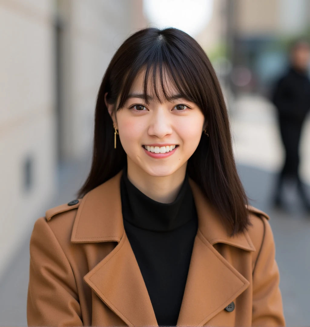 nanase, A woman in a brown coat smiles at the camera.