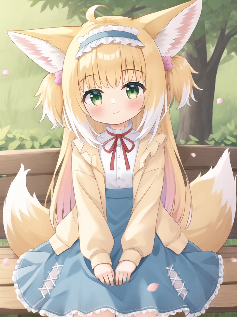 1girl,animal ears,solo,blonde hair,tail,green eyes,skirt,fox ears,long hair,shirt,fox girl,fox tail,white shirt,smile,open clothes,blue skirt,frills,suzuran (arknights),looking at viewer,animal ear fluff,long sleeves,multicolored hair,frilled hairband,hairband,blush,outdoors,red ribbon,open cardigan,closed mouth,white hair,sitting,ahoge,cardigan,ribbon,two side up,neck ribbon,bangs,petals,open jacket,jacket,frilled skirt,bench,cherry blossoms,flower,tree,official alternate costume,pink flower,two-tone hair,blue hairband,yellow cardigan,cyan skirt,<lora:linglan-lora-10.3-version2:0.5>,