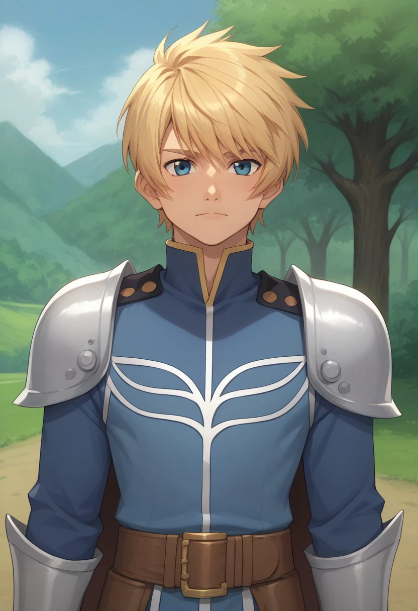 score_9, score_8_up, score_7_up, source_anime, highly detailed, 
flynn, 1boy, male focus, solo, blonde hair, blue eyes, shirt, blue shirt, high collar, armor, pauldrons, gloves, cape, 
outdoor,