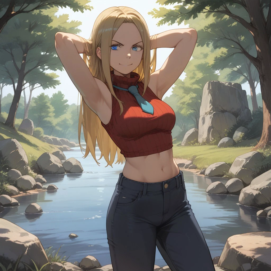 score_9, score_8, score_7, break, liz_se, long hair, blonde hair, blue eyes, sleeveless turtleneck, necktie, midriff, pants, smirk, hands behind head, looking at viewer, rocks, stream, natural lighting, tree