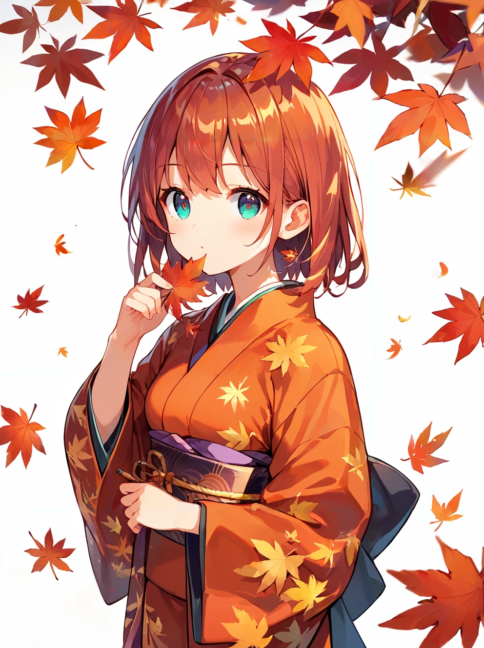 score_9, score_8_up, score_7_up,source_anime, high res image,masterpiece,best quality,(girl:1.0),cute face,clear skin,shiny hair,ultra detailed eyes,simple background, kimono <lora:kouyou_pony_V1.0:0.8> autumn leaves, too many leaves,leaf on hand