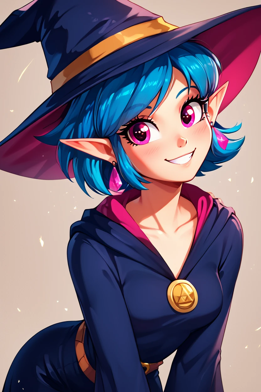 score_9, score_8_up, score_8, medium breasts, (curvy), cute, eyelashes,       BREAK, , zzIrene, pointy ears, short hair, blue hair, witch hat, witch,  earrings, long robe,  <lora:IreneZelda_PDXL:0.8>,  , BREAK, looking at viewer, ,,, smile, upper body, leaning forward, head tilt, ,,, embedding:zPDXL, Expressiveh, ,,, <lora:theButcherXPDXL:0.8>, <lora:CatalystStylePDXL:0.6>, <lora:SDXLFaeTastic2400:0.5>, <lora:Expressive_H-000001:0.4>,