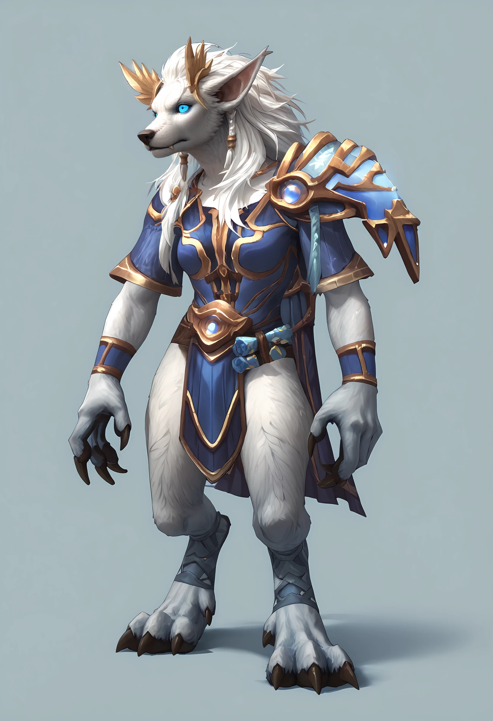 score_9, score_8_up, score_7_up, score_6_up, score_5_up, score_4_up, 1girl, <lora:HydromielWorgenWOW:0.85> furry, furry female, white hair, long hair, blue eyes, animal ears, claws, armor, shoulder armor, jewelry, full body, standing, 
light blue background, simple background,