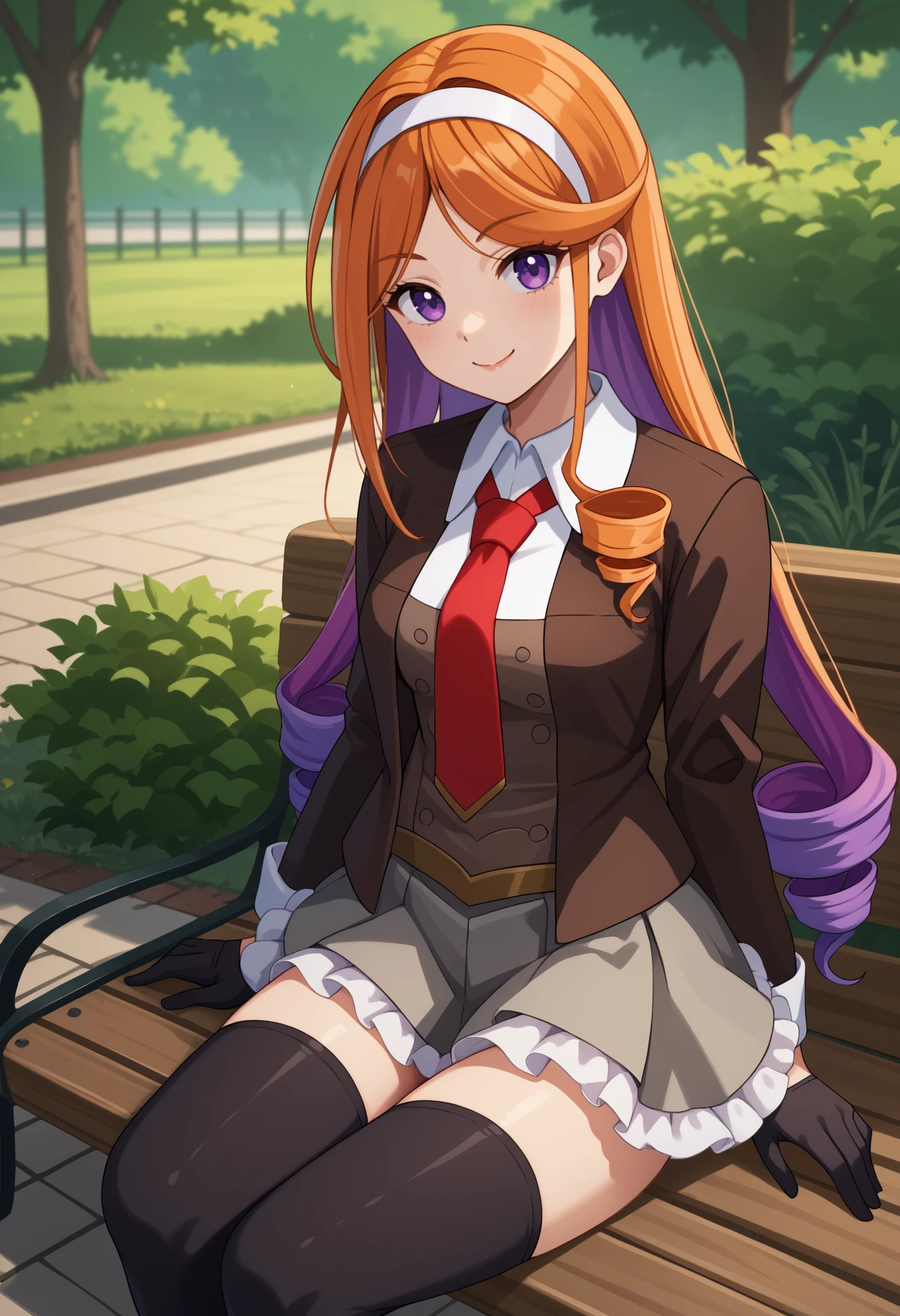 score_9, score_8_up, score_7_up, source_anime, <break> solo, 1girl, kcyuugure, smile, looking at you, sitting, park bench, long hair, multicolored hair, orange hair, purple hair, asymmetrical sidelocks, drill hair, white hairband, purple eyes, frills, black jacket, blazer, open jacket, long sleeves, brown vest, white shirt, collared shirt, red necktie, black gloves, grey skirt, pleated skirt, frilled skirt, black thighhighs, outdoors
<segment:yolo-face_yolov8m.pt,0.4,0.5//cid=1>