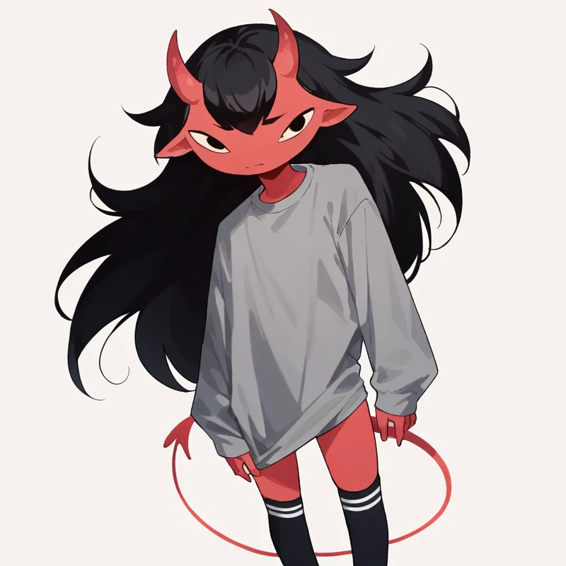 score_9, score_8_up, score_7_up, <lora:chewingarts:1>, chewart, white background, red skin, black hair, long hair, horns, black eyes, demon tail, black socks, gray shirt,