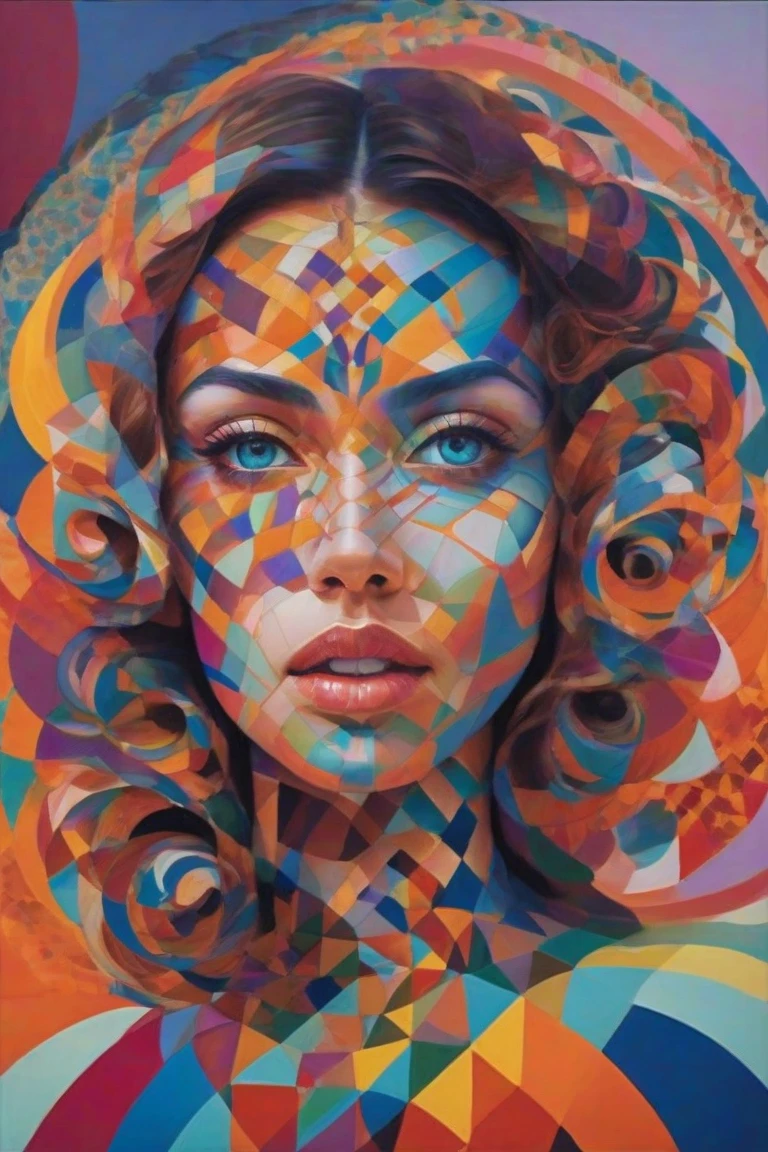 A surreal, dreamlike scene where a woman's body is transformed into a vibrant, swirling vortex of colors and shapes. Geometric patterns dance across her skin, with bold lines and curves forming a mesmerizing, three-dimensional structure that appears to shift and pulse like a living entity. The surrounding environment dissolves into a kaleidoscope of hues, blurring the boundaries between reality and fantasy.